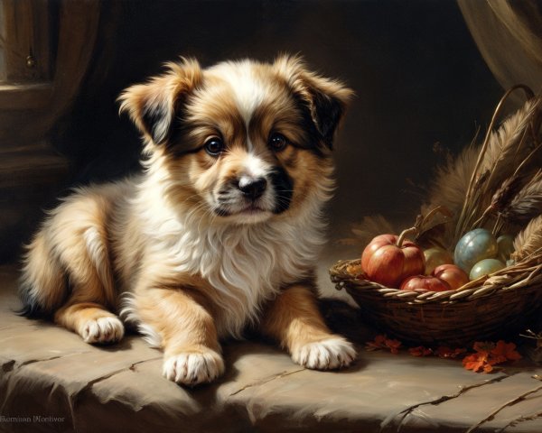 Fluffy puppy with autumnal decor on rustic surface