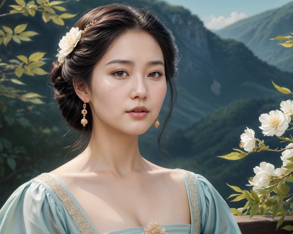 Young woman in pale blue gown with mountain backdrop