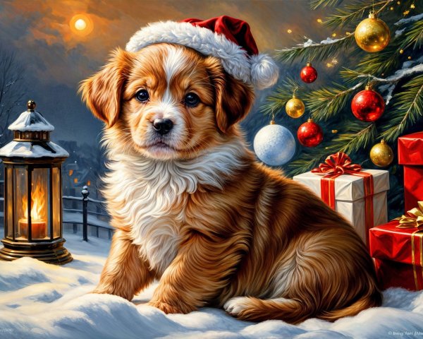 Puppy in Santa Hat Surrounded by Christmas Decor