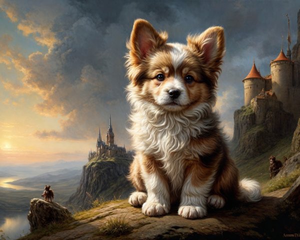 Puppy on Rocky Outcrop with Castle at Sunset