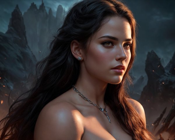 Digital Artwork of Woman with Green Eyes at Dusk