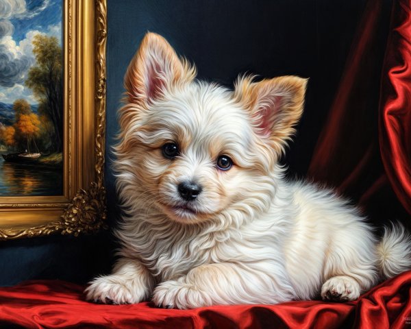 Cream-colored puppy on red drapery with painting backdrop