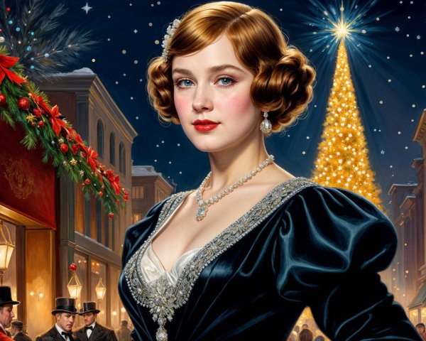 Elegant Woman in Festive Setting with Christmas Tree