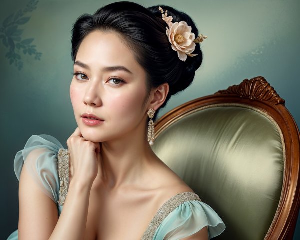 Elegant Woman in Pastel Gown with Floral Background