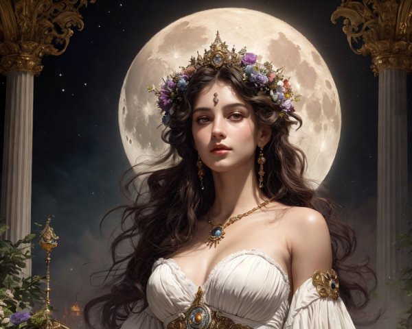 Elegant woman with floral crown and intricate jewelry under full moon and golden structures