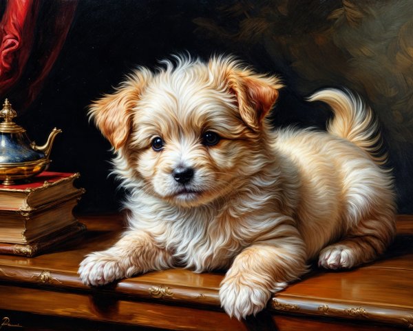 Fluffy Cream-Colored Puppy on Wooden Table with Teapot