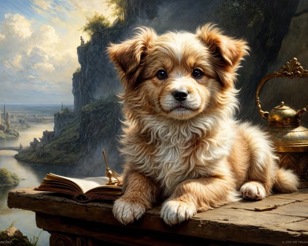 Fluffy light brown puppy on rustic table with landscape