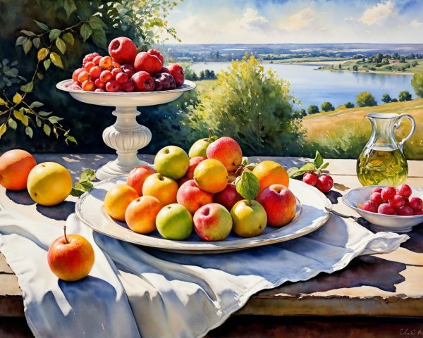 Vibrant Still Life of Fresh Fruits and Scenic Background