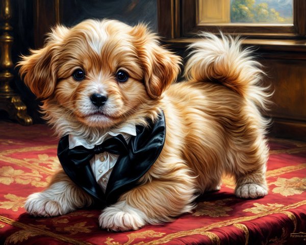 Fluffy Caramel Puppy on Ornate Red Rug with Bow Tie
