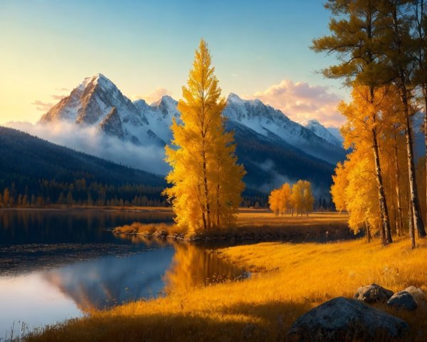Autumn scene: Golden trees, calm lake, cloudy mountains at sunset