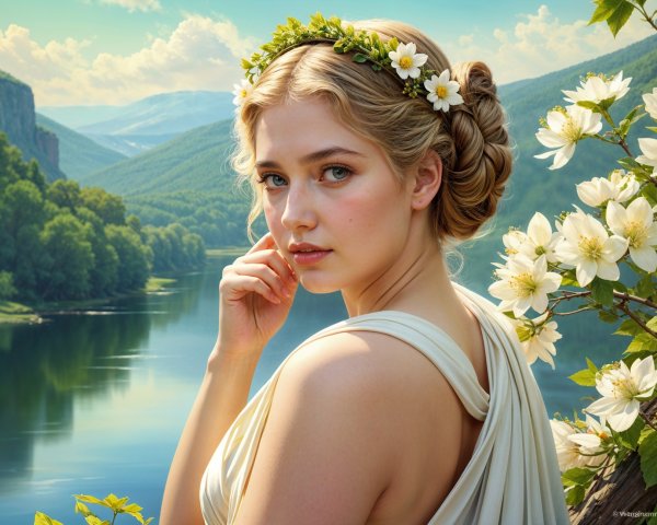 Young woman in floral crown by tranquil river and mountains