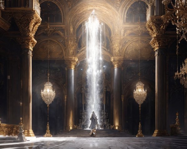 Gothic hall with golden details and crystal chandeliers