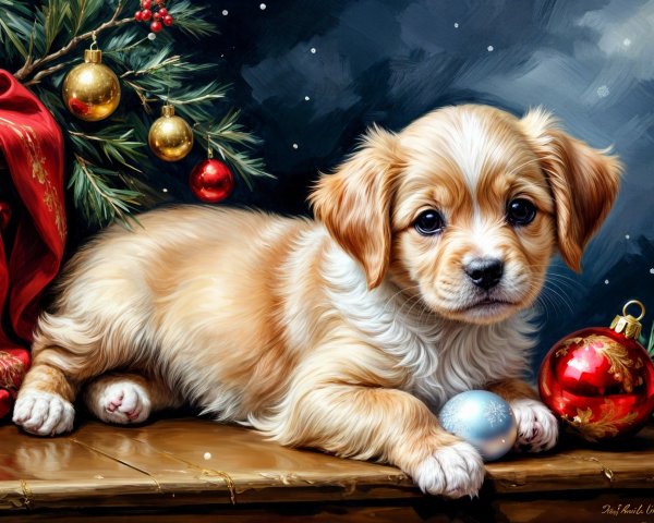Fluffy Golden Puppy Amidst Festive Holiday Decor