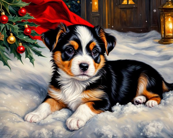 Tri-Color Puppy in a Festive Winter Wonderland