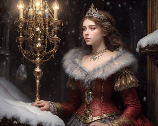 Regal woman in red gown and tiara near golden chandelier with snowflakes