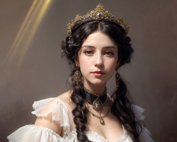 Portrait of a young woman in a white dress with a crown