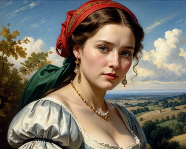Young Woman in Traditional Dress Against Scenic Landscape