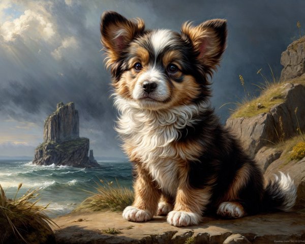 Fluffy Puppy on Rocky Shore with Seascape Background
