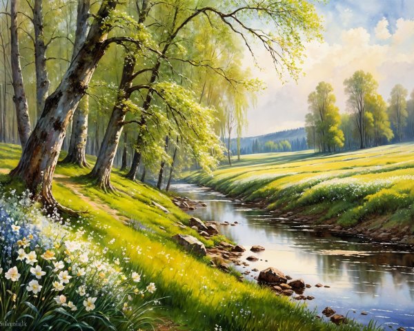 Springtime Landscape with River and Wildflowers