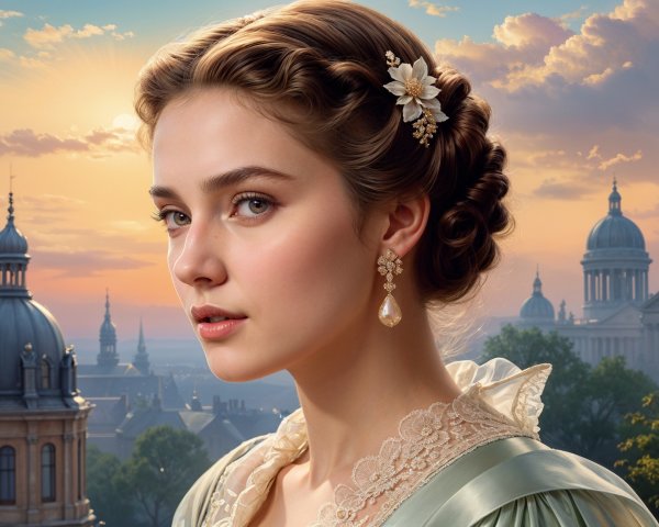 Young woman in elegant dress at sunset with historic backdrop