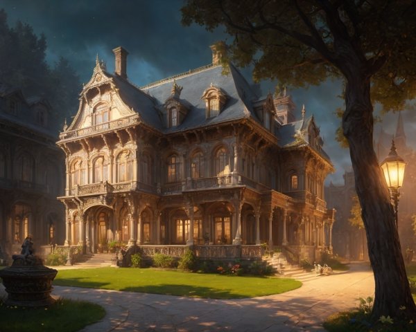 Victorian-style mansion illuminated at dusk with gardens