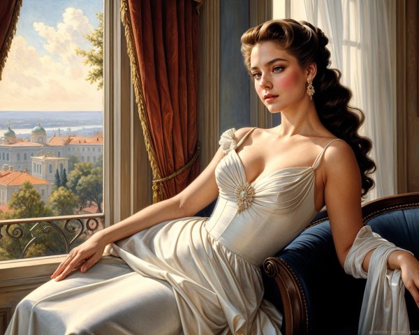 Elegant Woman in White Gown by Cityscape Window
