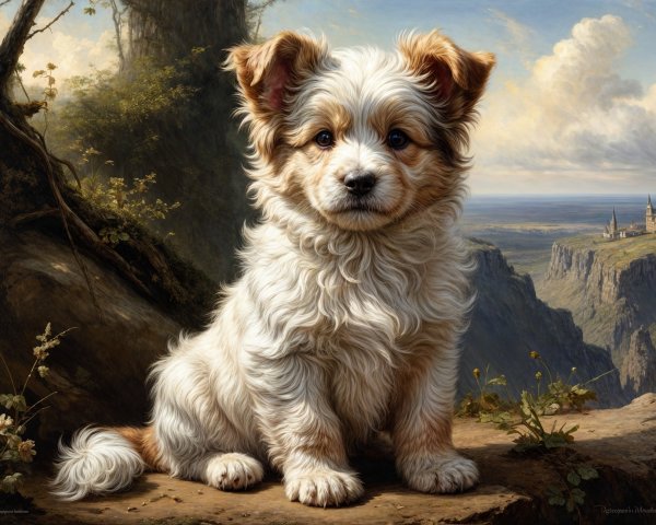 Curly Light Brown Puppy on Rocky Ledge with Castle View