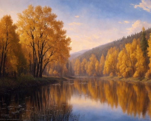 Autumn river landscape with golden trees and hazy sky