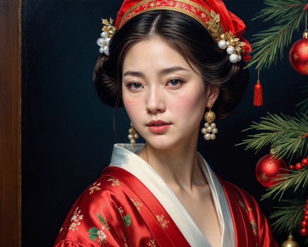 Young woman in vibrant red kimono with floral patterns