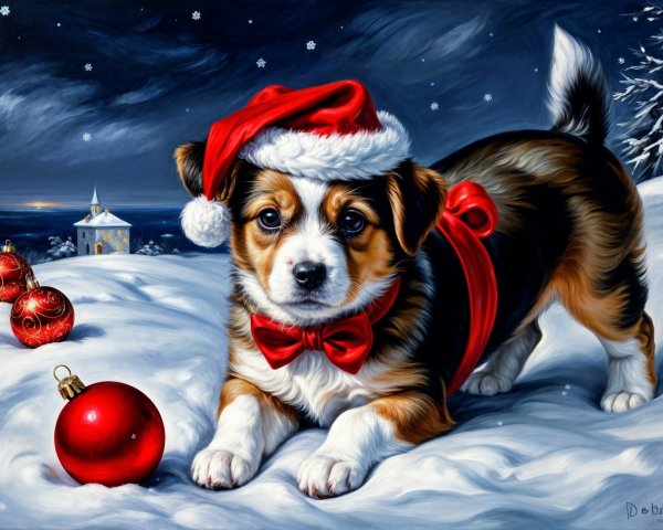 Playful puppy in festive attire in snowy landscape