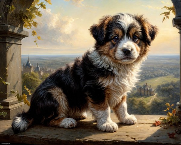 Puppy on Stone Ledge with Scenic Landscape View
