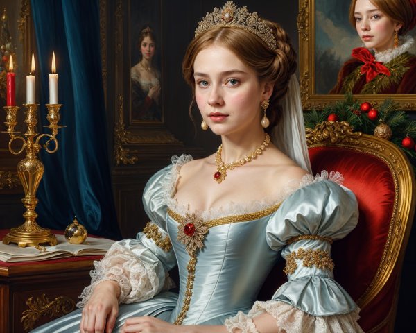 Young Woman in Blue Gown in Opulent Setting