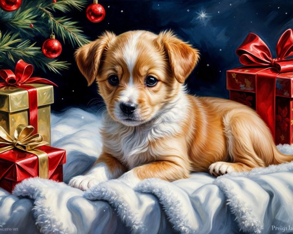 Fluffy Puppy on Cozy Blanket with Holiday Decorations