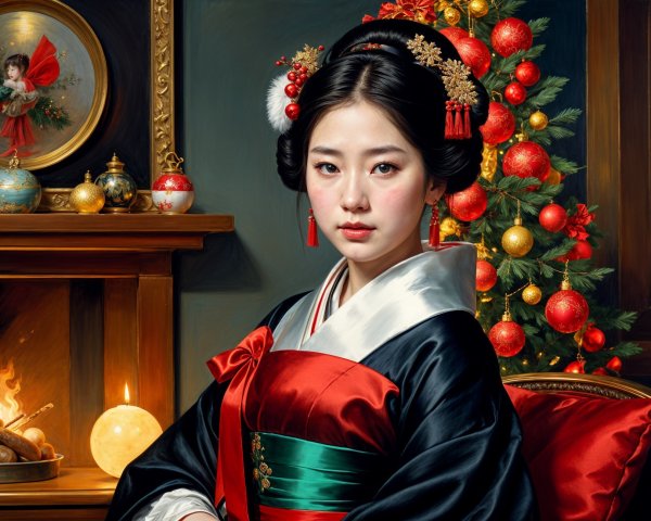 Young Woman in Kimono Amid Festive Holiday Decor