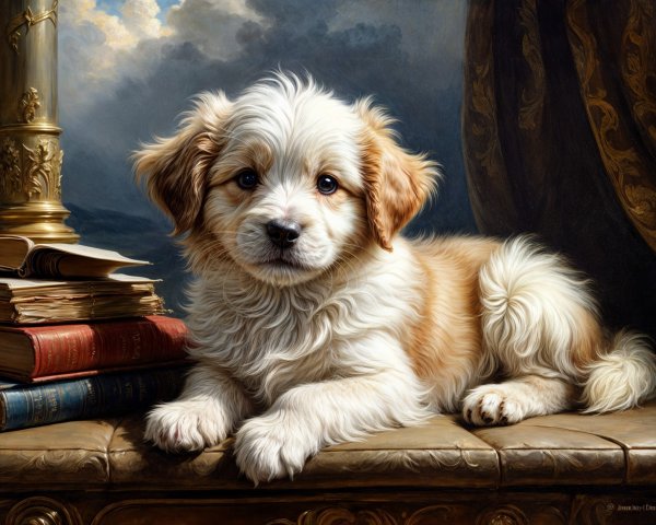 Fluffy Puppy Resting on Ornate Table with Books