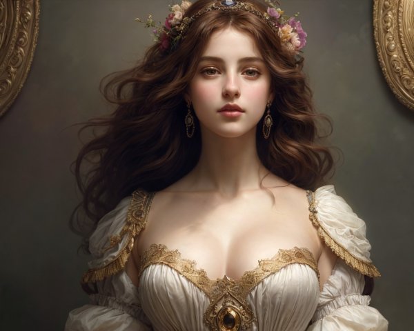 Elegant Young Woman in Flower Adorned Gown