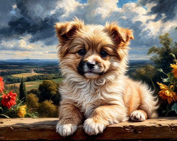 Fluffy Golden-Brown Puppy on Wooden Fence with Flowers