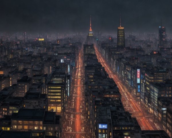 Vibrant cityscape at night with illuminated streets, dense buildings, and distant lit tower under dark