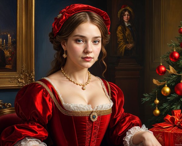 Young Woman in Regal Red Dress with Festive Background