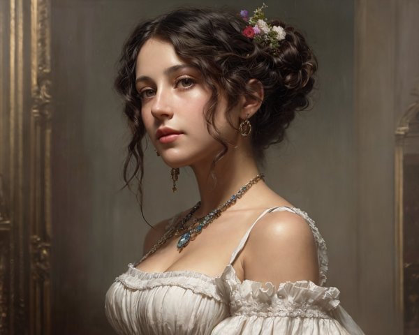 Elegant woman with flowers, pearls, and gemstones