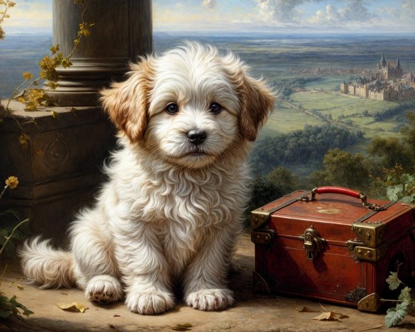 Fluffy Puppy with Vintage Treasure Chest in Scenic Landscape