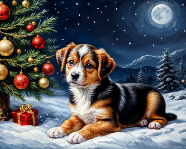 Fluffy Tricolor Puppy in Snowy Christmas Scene