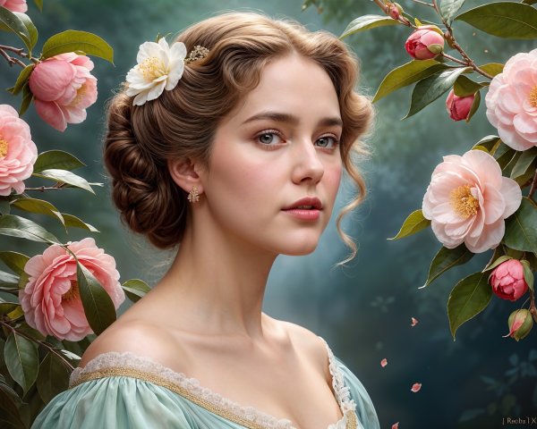Young woman in blue dress with flower and camellias