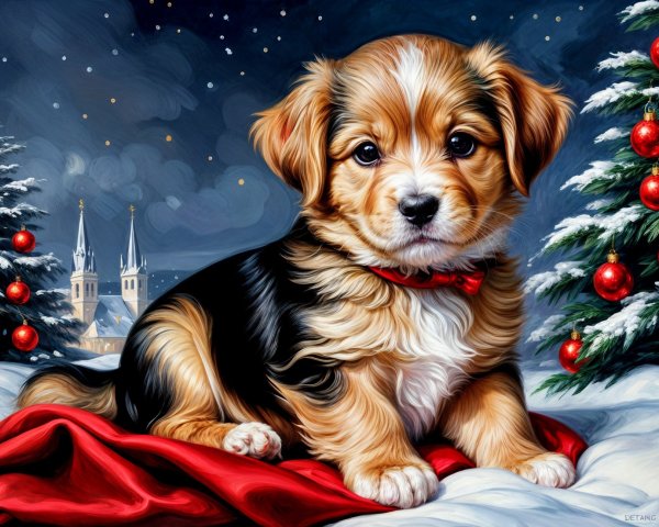 Puppy on Red Cloth in Snowy Christmas Scene