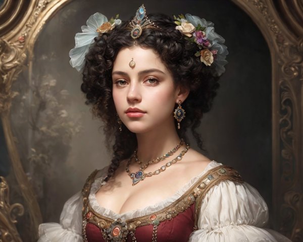 Regal woman with jeweled tiara and floral-adorned burgundy dress