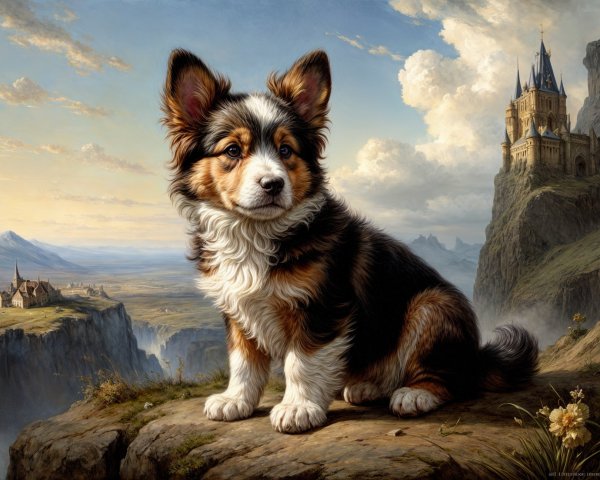 Tri-Colored Puppy on Rocky Ledge with Scenic View