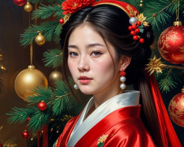 Young Woman in Red Kimono with Pine Branches Decor