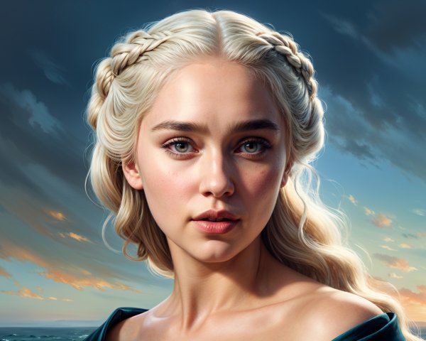 Young Woman with Platinum Hair and Dramatic Sky