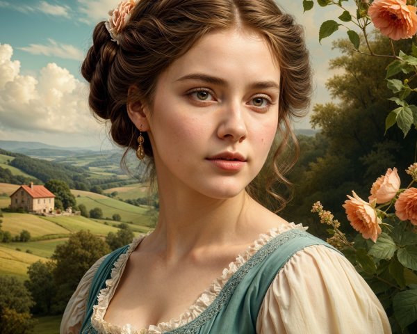 Serene Young Woman in Vintage Dress with Floral Hairpiece
