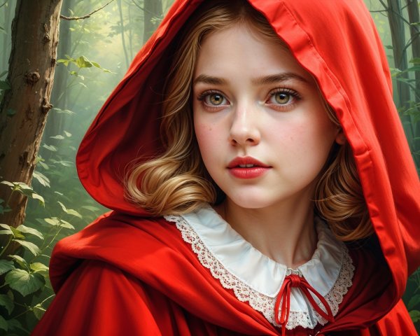 Young girl in red hood with green eyes in forest